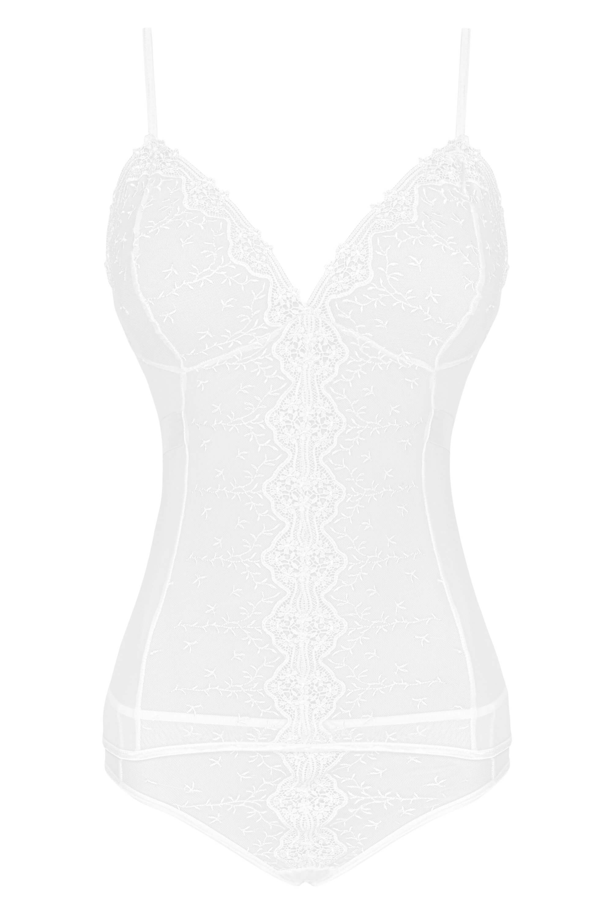  Nahaufnahme des tiefen Dekolletés aus transparenter Spitze mit Blütenmuster – Dessous Set „Sophie“.